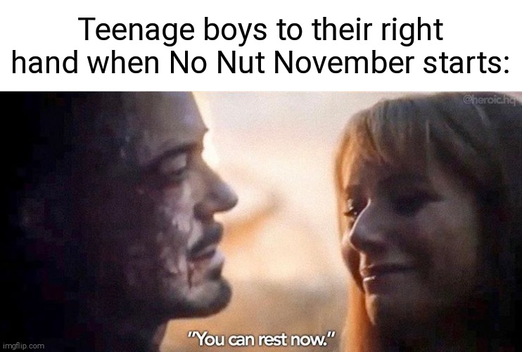 ._. | Teenage boys to their right hand when No Nut November starts: | image tagged in you can rest now,memes,funny,no nut november | made w/ Imgflip meme maker