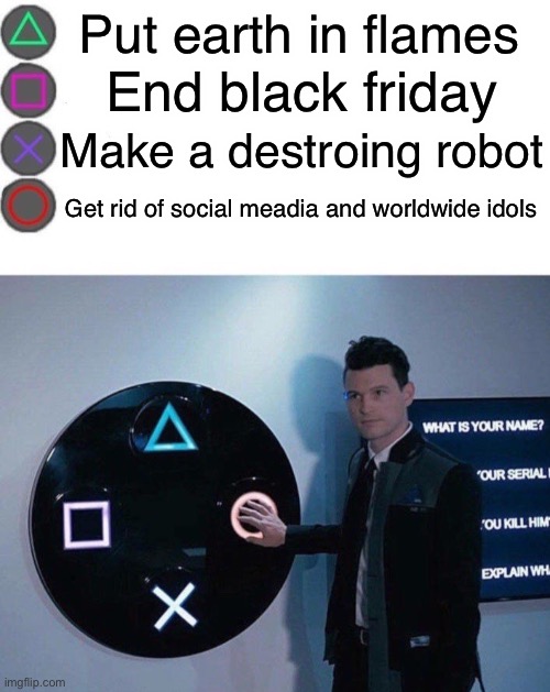 If you dont want this dont provocke me | Put earth in flames; End black friday; Make a destroing robot; Get rid of social meadia and worldwide idols | image tagged in 4 buttons | made w/ Imgflip meme maker