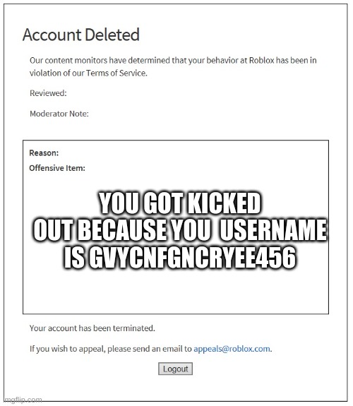 you are kicked out | YOU GOT KICKED OUT BECAUSE YOU  USERNAME IS GVYCNFGNCRYEE456 | image tagged in banned from roblox | made w/ Imgflip meme maker