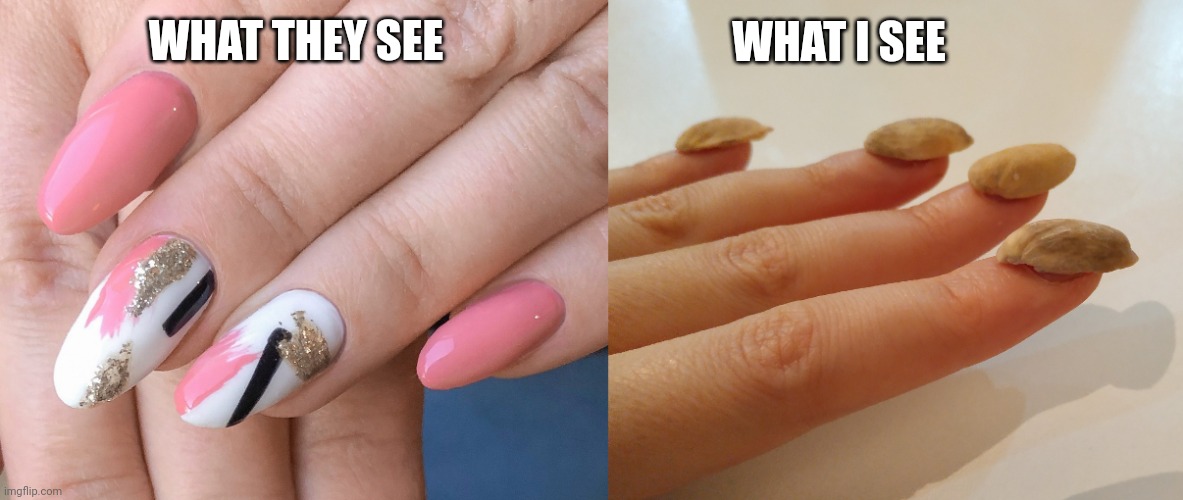 Nail art vs pistachio shell | WHAT I SEE; WHAT THEY SEE | image tagged in nails | made w/ Imgflip meme maker