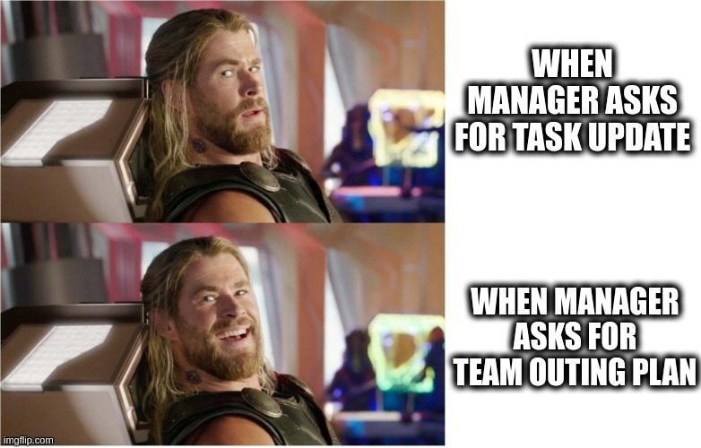 Team Leader | WHEN MANAGER ASKS FOR TASK UPDATE; WHEN MANAGER ASKS FOR TEAM OUTING PLAN | image tagged in work life,software,avengers | made w/ Imgflip meme maker