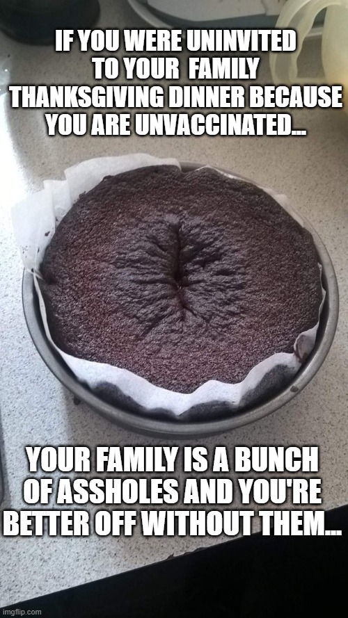 Happy Families |  IF YOU WERE UNINVITED TO YOUR  FAMILY THANKSGIVING DINNER BECAUSE YOU ARE UNVACCINATED... YOUR FAMILY IS A BUNCH OF ASSHOLES AND YOU'RE BETTER OFF WITHOUT THEM... | image tagged in thanksgiving dinner | made w/ Imgflip meme maker