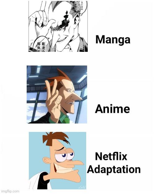 ._. Netflix adaptation meme | image tagged in manga anime netflix adaption,my hero academia,phineas and ferb,manga,anime,netflix adaptation | made w/ Imgflip meme maker