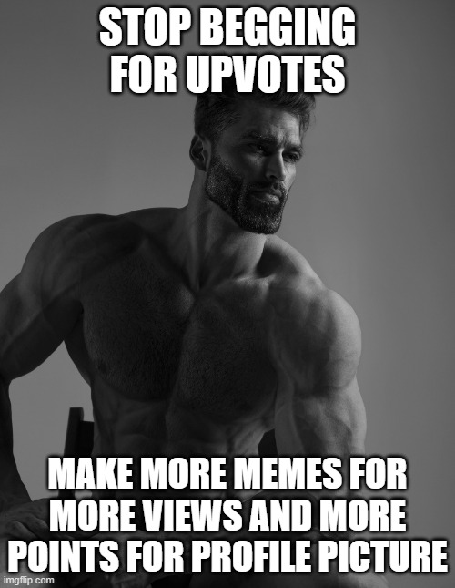 important message for upvote beggars | STOP BEGGING FOR UPVOTES; MAKE MORE MEMES FOR MORE VIEWS AND MORE POINTS FOR PROFILE PICTURE | image tagged in giga chad | made w/ Imgflip meme maker