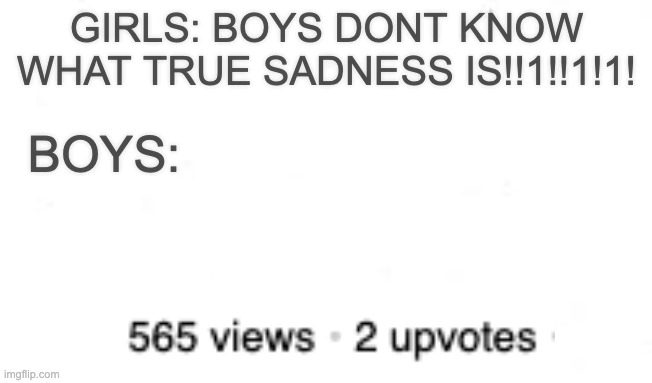 rip my mental health | GIRLS: BOYS DONT KNOW WHAT TRUE SADNESS IS!!1!!1!1! BOYS: | image tagged in so true,rip,sadness,depression sadness hurt pain anxiety,lol,mental health | made w/ Imgflip meme maker