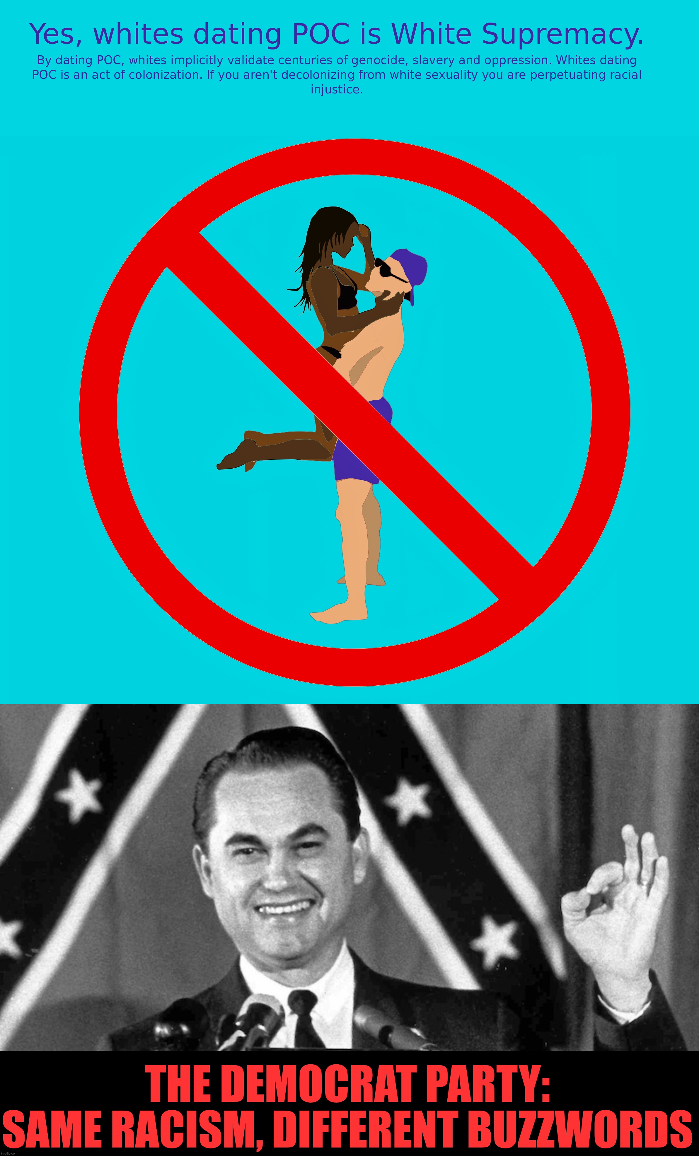 Date whoever you want, don’t let racist weirdos tell you who you can or can’t love | THE DEMOCRAT PARTY:
SAME RACISM, DIFFERENT BUZZWORDS | image tagged in george wallace approves | made w/ Imgflip meme maker