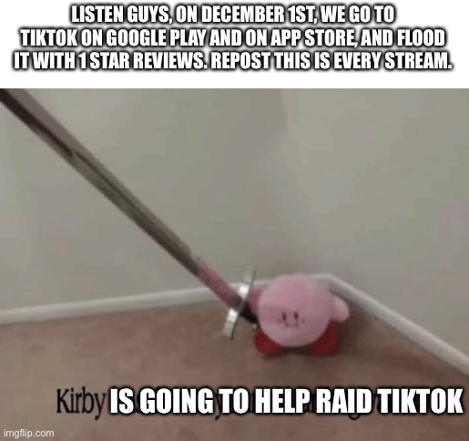 Let’s go |  LISTEN GUYS, ON DECEMBER 1ST, WE GO TO TIKTOK ON GOOGLE PLAY AND ON APP STORE, AND FLOOD IT WITH 1 STAR REVIEWS. REPOST THIS IS EVERY STREAM. IS GOING TO HELP RAID TIKTOK | image tagged in kirby has found your sin unforgivable,tiktok sucks | made w/ Imgflip meme maker
