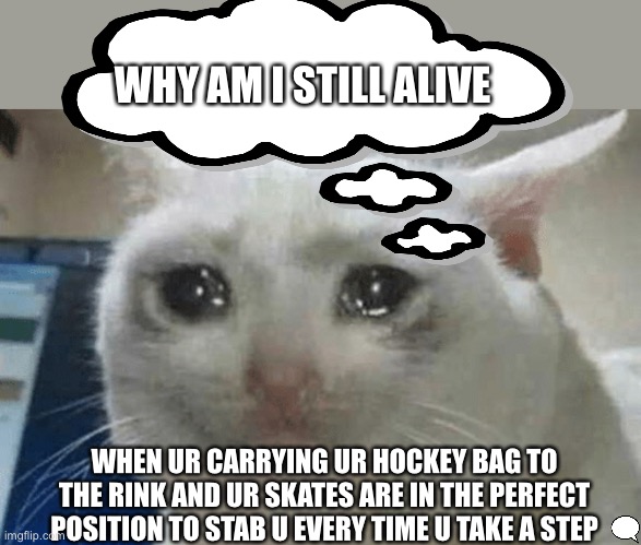 Just me? | WHY AM I STILL ALIVE; WHEN UR CARRYING UR HOCKEY BAG TO THE RINK AND UR SKATES ARE IN THE PERFECT POSITION TO STAB U EVERY TIME U TAKE A STEP | image tagged in ice hockey | made w/ Imgflip meme maker