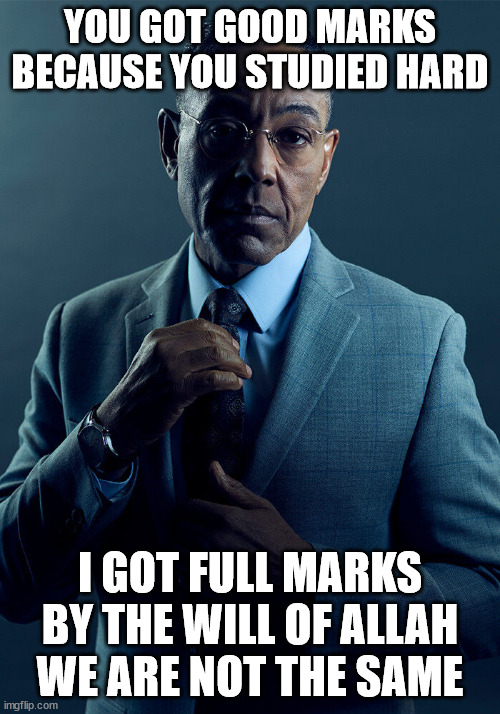 Marks | YOU GOT GOOD MARKS BECAUSE YOU STUDIED HARD; I GOT FULL MARKS BY THE WILL OF ALLAH
WE ARE NOT THE SAME | image tagged in gus fring we are not the same | made w/ Imgflip meme maker