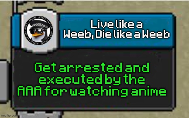 Who wanted this to actually be in MC? | Live like a Weeb, Die like a Weeb; Get arrested and executed by the AAA for watching anime | image tagged in achievement | made w/ Imgflip meme maker