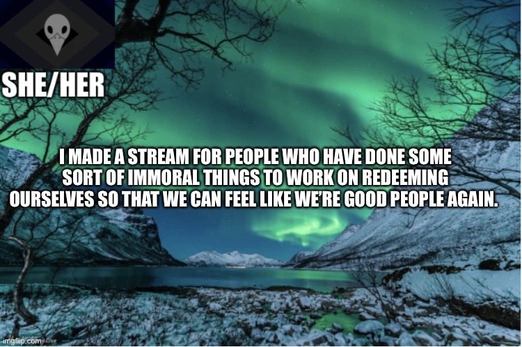 Northern Lights Termcollector Template | I MADE A STREAM FOR PEOPLE WHO HAVE DONE SOME SORT OF IMMORAL THINGS TO WORK ON REDEEMING OURSELVES SO THAT WE CAN FEEL LIKE WE’RE GOOD PEOPLE AGAIN. | image tagged in northern lights termcollector template | made w/ Imgflip meme maker