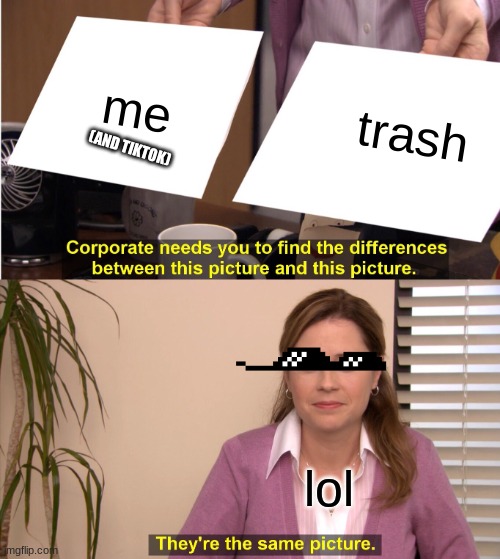 something random again lol | me; trash; (AND TIKTOK); lol | image tagged in memes,they're the same picture | made w/ Imgflip meme maker