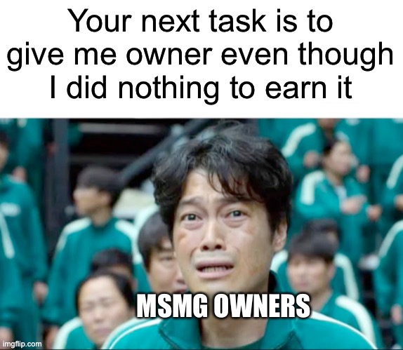 Your next task is to- | Your next task is to give me owner even though I did nothing to earn it; MSMG OWNERS | image tagged in your next task is to- | made w/ Imgflip meme maker