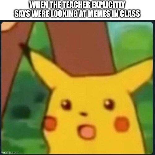 Surprised Pikachu | WHEN THE TEACHER EXPLICITLY SAYS WERE LOOKING AT MEMES IN CLASS | image tagged in surprised pikachu | made w/ Imgflip meme maker