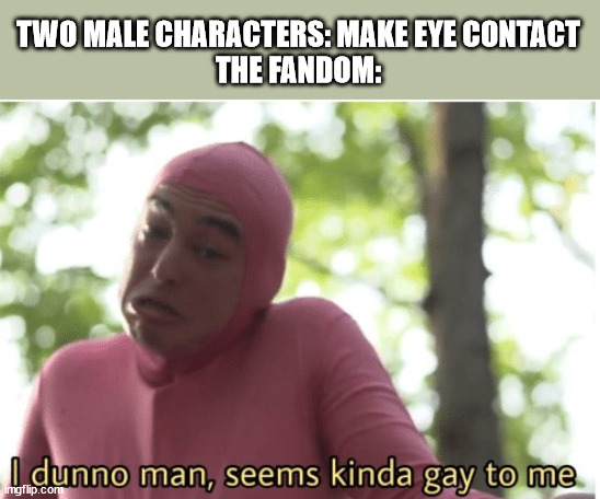 A creative title | TWO MALE CHARACTERS: MAKE EYE CONTACT
THE FANDOM: | image tagged in i dunno man seems kinda gay to me | made w/ Imgflip meme maker