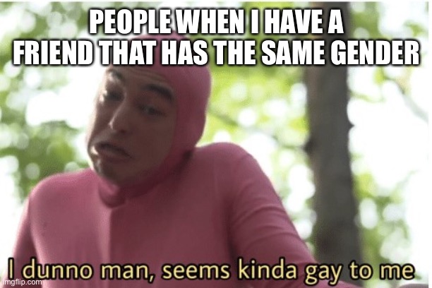I dunno man seems kinda gay to me | PEOPLE WHEN I HAVE A FRIEND THAT HAS THE SAME GENDER | image tagged in i dunno man seems kinda gay to me | made w/ Imgflip meme maker