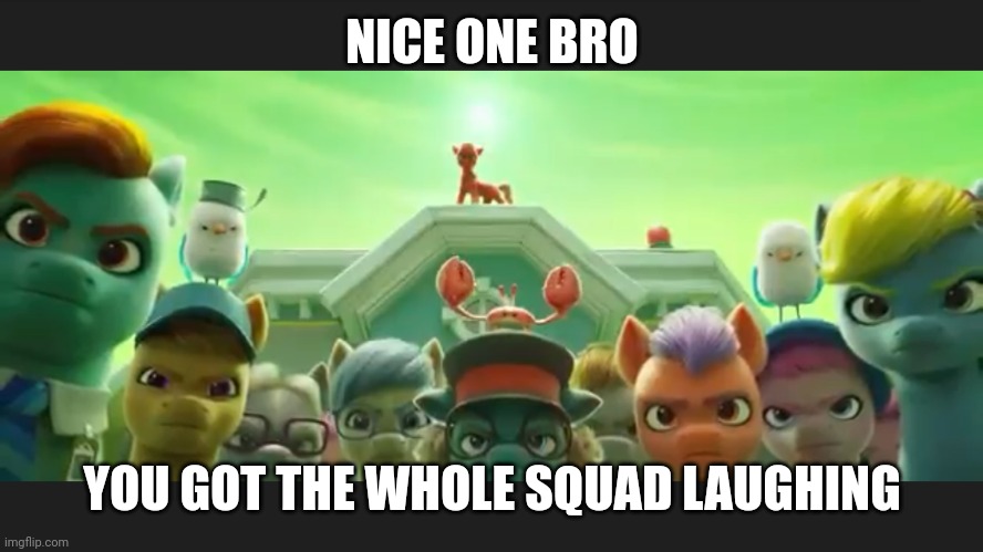 Nice one bro | NICE ONE BRO; YOU GOT THE WHOLE SQUAD LAUGHING | image tagged in whole squad laughing | made w/ Imgflip meme maker