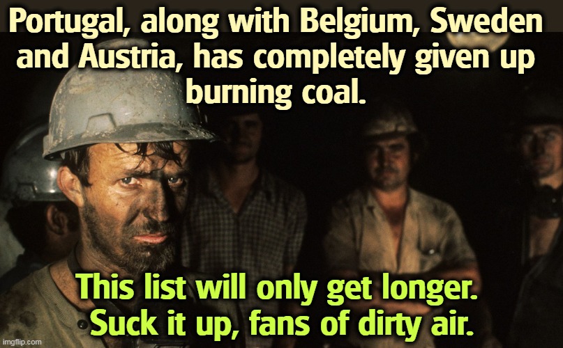 When you support polluters, you hurt your own children more than you hurt liberals. | Portugal, along with Belgium, Sweden 
and Austria, has completely given up 
burning coal. This list will only get longer. 
Suck it up, fans of dirty air. | image tagged in trumpcare coal miners,coal,losing,ending,pollution | made w/ Imgflip meme maker