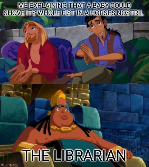 road to el dorado |  ME EXPLAINING THAT A BABY COULD SHOVE ITS WHOLE FIST IN A HORSES NOSTRIL; THE LIBRARIAN | image tagged in road to el dorado,memes,dank memes,horse,comedy | made w/ Imgflip meme maker