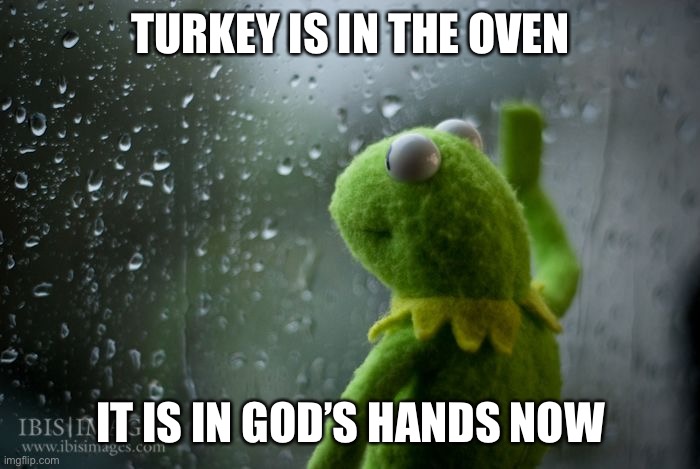 Thanksgiving Turkey chef | TURKEY IS IN THE OVEN; IT IS IN GOD’S HANDS NOW | image tagged in kermit window | made w/ Imgflip meme maker