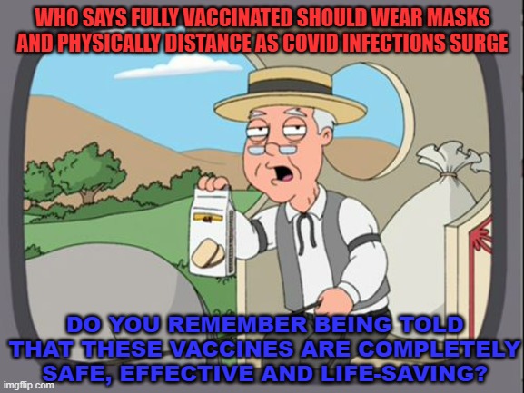 Do you remember being told that these vaccines are completely safe, effective and life-saving? | WHO SAYS FULLY VACCINATED SHOULD WEAR MASKS AND PHYSICALLY DISTANCE AS COVID INFECTIONS SURGE; DO YOU REMEMBER BEING TOLD THAT THESE VACCINES ARE COMPLETELY SAFE, EFFECTIVE AND LIFE-SAVING? | image tagged in family guy pepper ridge | made w/ Imgflip meme maker