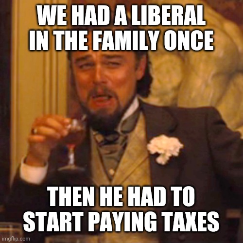 Laughing Leo Meme | WE HAD A LIBERAL IN THE FAMILY ONCE THEN HE HAD TO START PAYING TAXES | image tagged in memes,laughing leo | made w/ Imgflip meme maker