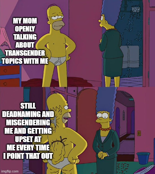 at this point I think she uses the topics just to troll and go "ha! I still don't respect you" | MY MOM OPENLY TALKING ABOUT TRANSGENDER TOPICS WITH ME; STILL DEADNAMING AND MISGENDERING ME AND GETTING UPSET AT ME EVERY TIME I POINT THAT OUT | image tagged in homer simpson's back fat | made w/ Imgflip meme maker