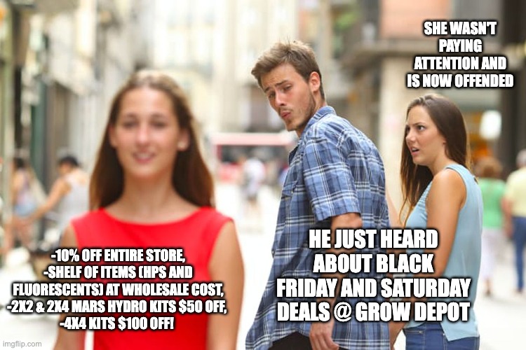 Distracted Boyfriend Meme | SHE WASN'T PAYING ATTENTION AND IS NOW OFFENDED; HE JUST HEARD ABOUT BLACK FRIDAY AND SATURDAY DEALS @ GROW DEPOT; -10% OFF ENTIRE STORE,
-SHELF OF ITEMS (HPS AND FLUORESCENTS) AT WHOLESALE COST,
-2X2 & 2X4 MARS HYDRO KITS $50 OFF, 
-4X4 KITS $100 OFF! | image tagged in memes,distracted boyfriend | made w/ Imgflip meme maker