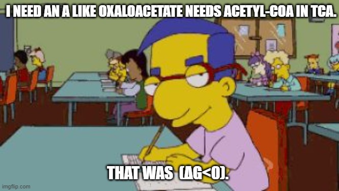 TCA | I NEED AN A LIKE OXALOACETATE NEEDS ACETYL-COA IN TCA. THAT WAS  (ΔG<0). | image tagged in flirthouse | made w/ Imgflip meme maker