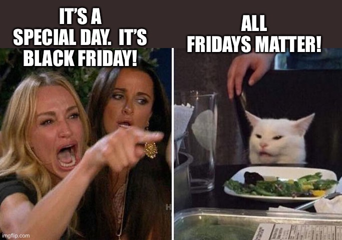 Black Friday | IT’S A SPECIAL DAY.  IT’S BLACK FRIDAY! ALL FRIDAYS MATTER! | image tagged in angry lady cat | made w/ Imgflip meme maker