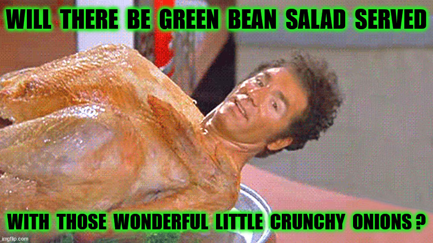 WILL  THERE  BE  GREEN  BEAN  SALAD  SERVED WITH  THOSE  WONDERFUL  LITTLE  CRUNCHY  ONIONS ? | made w/ Imgflip meme maker
