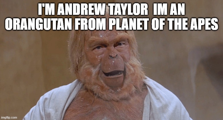 Andrew Taylor the Orangutan | I'M ANDREW TAYLOR  IM AN ORANGUTAN FROM PLANET OF THE APES | image tagged in andrew taylor the orangutan | made w/ Imgflip meme maker