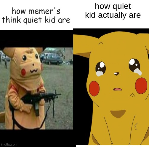 insert title here | how memer's think quiet kid are; how quiet kid actually are | image tagged in blank white template,memes,funny,pikachu | made w/ Imgflip meme maker