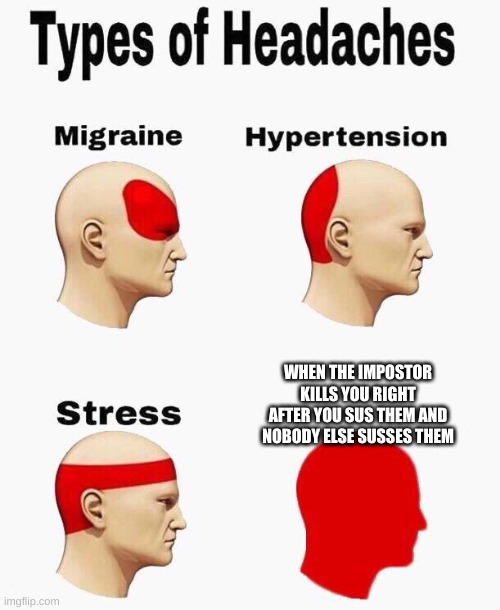 Headaches | WHEN THE IMPOSTOR KILLS YOU RIGHT AFTER YOU SUS THEM AND NOBODY ELSE SUSSES THEM | image tagged in headaches | made w/ Imgflip meme maker