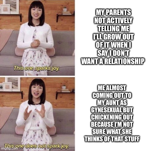 Both are true | MY PARENTS NOT ACTIVELY TELLING ME I’LL GROW OUT OF IT WHEN I SAY I DON’T WANT A RELATIONSHIP; ME ALMOST COMING OUT TO MY AUNT AS GYNESEXUAL BUT CHICKENING OUT BECAUSE I’M NOT SURE WHAT SHE THINKS OF THAT STUFF | image tagged in this one sparks joy | made w/ Imgflip meme maker