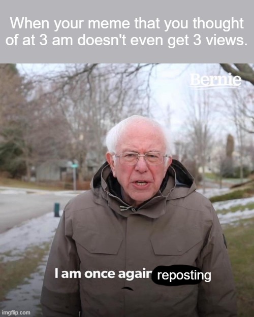 Bernie I Am Once Again Asking For Your Support | When your meme that you thought of at 3 am doesn't even get 3 views. reposting | image tagged in memes,bernie i am once again asking for your support,3 am | made w/ Imgflip meme maker