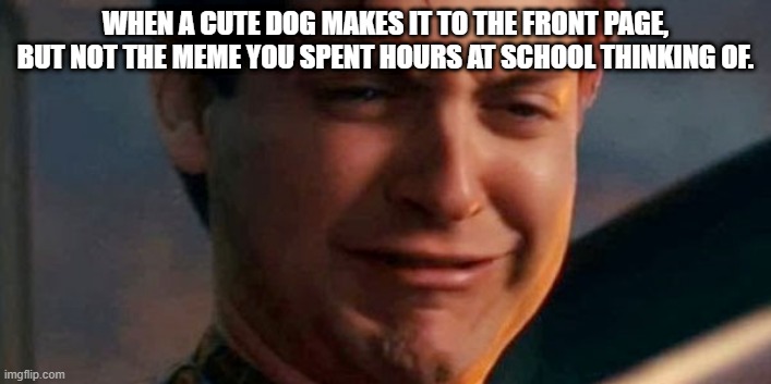 Isnt it annoying how a now days the most upvoted memes are cute dogs ;-; | WHEN A CUTE DOG MAKES IT TO THE FRONT PAGE, BUT NOT THE MEME YOU SPENT HOURS AT SCHOOL THINKING OF. | image tagged in annoying,cute dog,crying,cute dogs | made w/ Imgflip meme maker