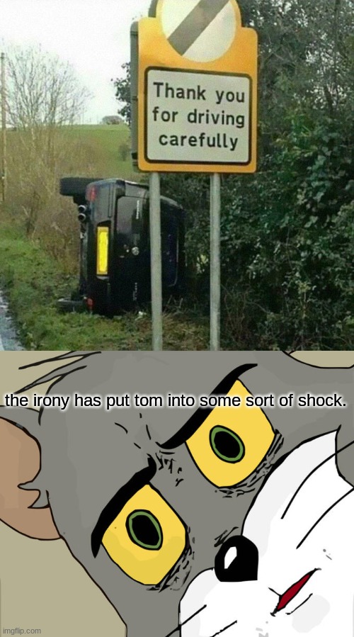ironic | the irony has put tom into some sort of shock. | image tagged in memes,unsettled tom,irony,ironic,bad driver,sign | made w/ Imgflip meme maker