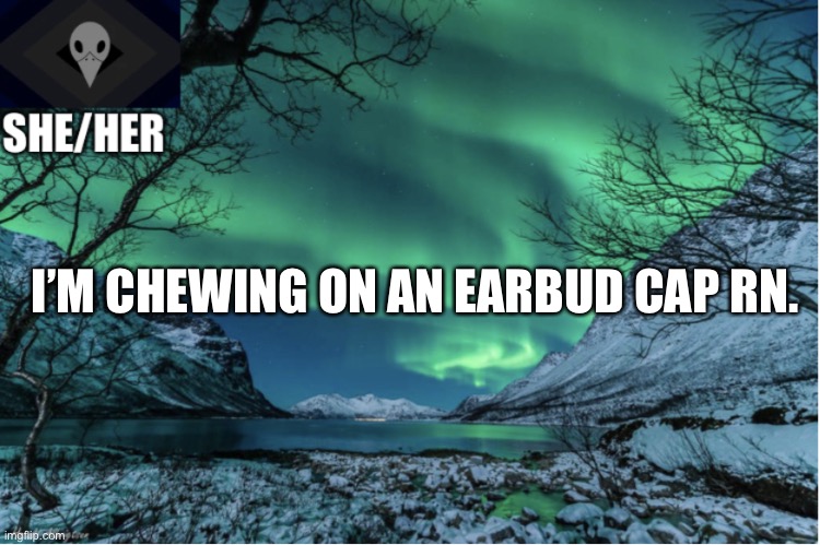 Today in random things you didn’t need t o know about me | I’M CHEWING ON AN EARBUD CAP RN. | image tagged in northern lights termcollector template | made w/ Imgflip meme maker