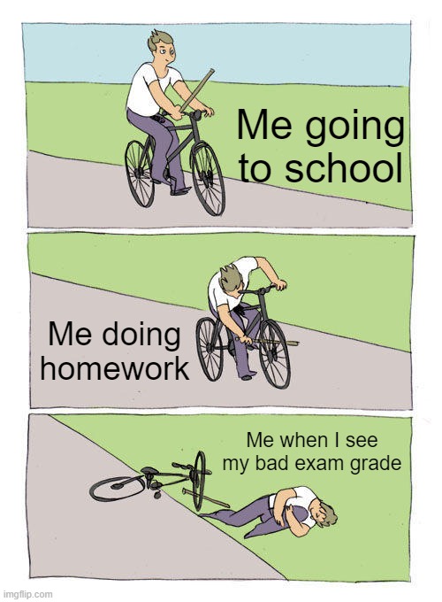 students in a nutshell | Me going to school; Me doing homework; Me when I see my bad exam grade | image tagged in memes,bike fall,school,exams,homework | made w/ Imgflip meme maker