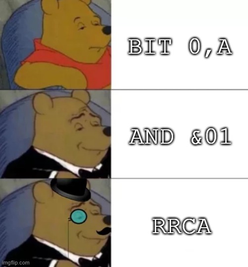 Only %00000001 of you will get this |  BIT 0,A; AND &01; RRCA | image tagged in fancy pooh | made w/ Imgflip meme maker