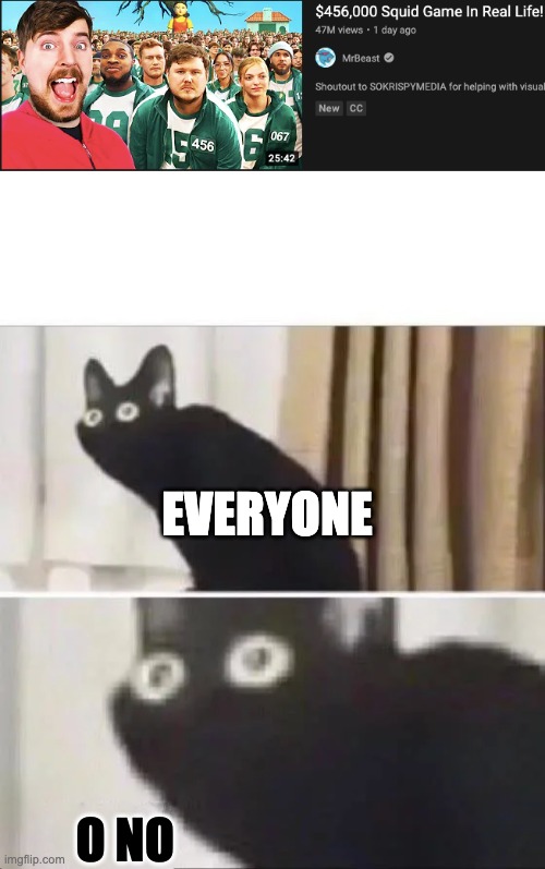 this is illegal | EVERYONE; O NO | image tagged in oh no black cat,squid game | made w/ Imgflip meme maker