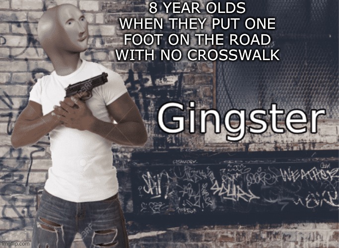 I'm a real bad boy |  8 YEAR OLDS WHEN THEY PUT ONE FOOT ON THE ROAD WITH NO CROSSWALK | image tagged in gingster | made w/ Imgflip meme maker