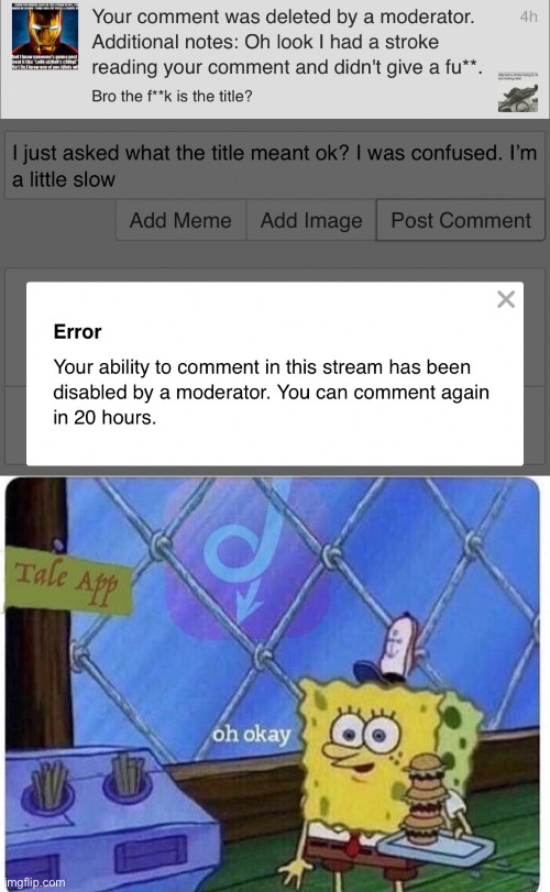 Yeah that was a little harsh for a stream I don’t actually care that much about, I deserved that | image tagged in oh okay spongebob | made w/ Imgflip meme maker