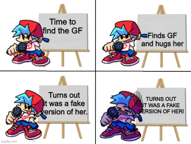 the bf's plan | Finds GF and hugs her; Time to find the GF; Turns out it was a fake version of her. TURNS OUT IT WAS A FAKE VERSION OF HER! | image tagged in the bf's plan | made w/ Imgflip meme maker