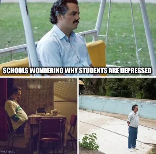 Schools be like | SCHOOLS WONDERING WHY STUDENTS ARE DEPRESSED | image tagged in memes,sad pablo escobar,school,homework,depression,big brain | made w/ Imgflip meme maker