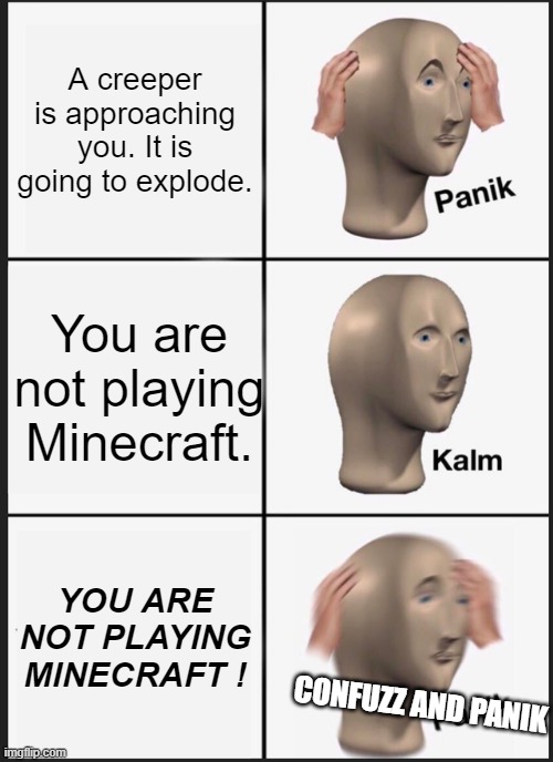 oh shoot | A creeper is approaching you. It is going to explode. You are not playing Minecraft. YOU ARE NOT PLAYING MINECRAFT ! CONFUZZ AND PANIK | image tagged in memes,panik kalm panik | made w/ Imgflip meme maker