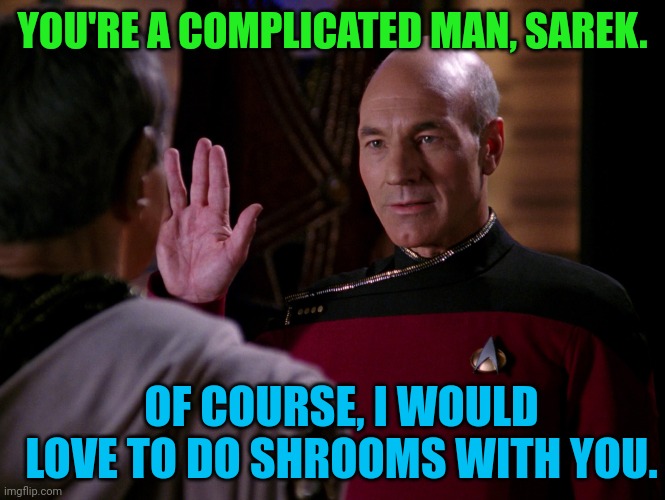 YOU'RE A COMPLICATED MAN, SAREK. OF COURSE, I WOULD LOVE TO DO SHROOMS WITH YOU. | made w/ Imgflip meme maker