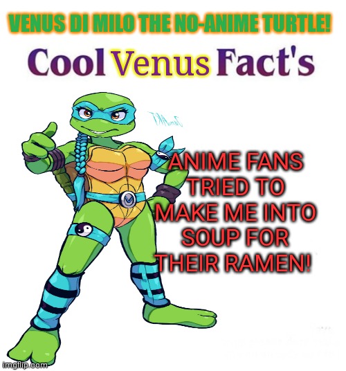 Venus the no-anime turtle | VENUS DI MILO THE NO-ANIME TURTLE! Venus; ANIME FANS TRIED TO MAKE ME INTO SOUP FOR THEIR RAMEN! | image tagged in cool facts,no anime allowed,tmnt,venus,turtles | made w/ Imgflip meme maker