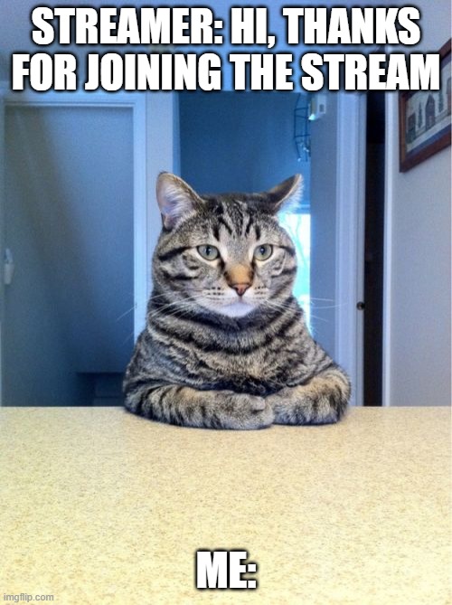 I was jus chilling | STREAMER: HI, THANKS FOR JOINING THE STREAM; ME: | image tagged in memes,take a seat cat | made w/ Imgflip meme maker